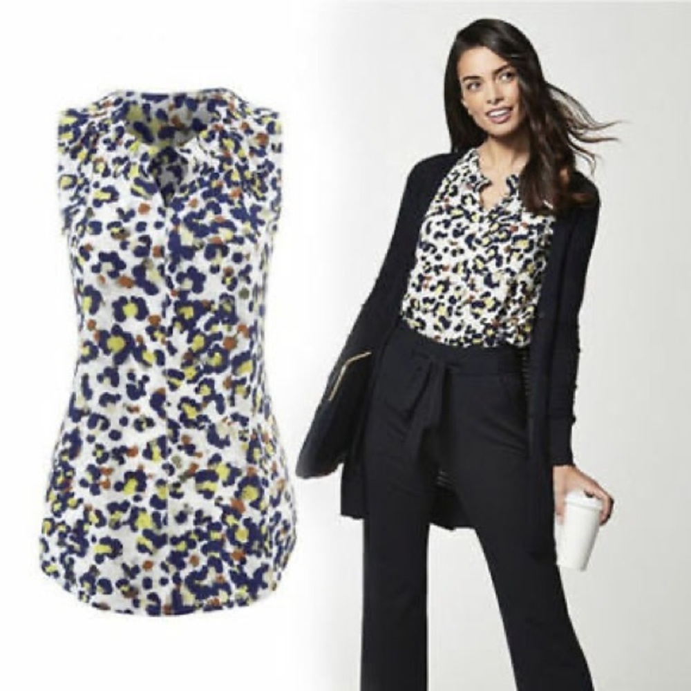 CAbi Fierce Sleeveless Blouse XS Top Animal Print Navy Yellow Ruffle 5222